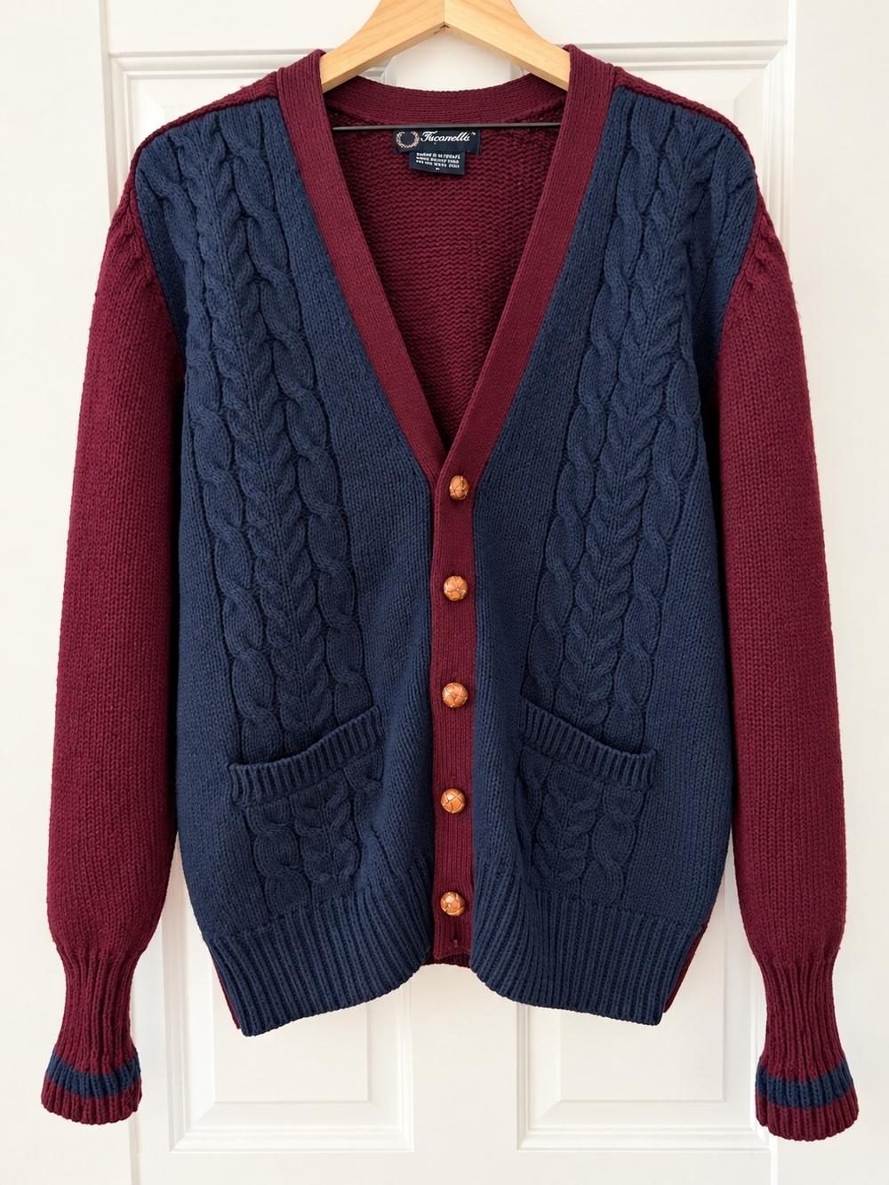 Vintage Faconnable 100% Shetland Wool Cable-Knit V-Neck Cardigan Sweater